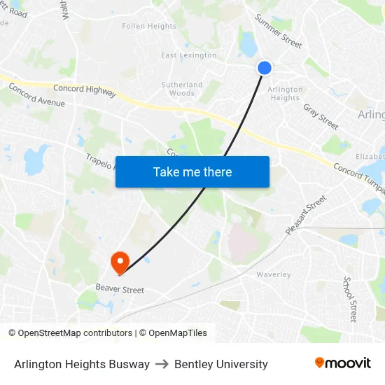 Arlington Heights Busway to Bentley University map