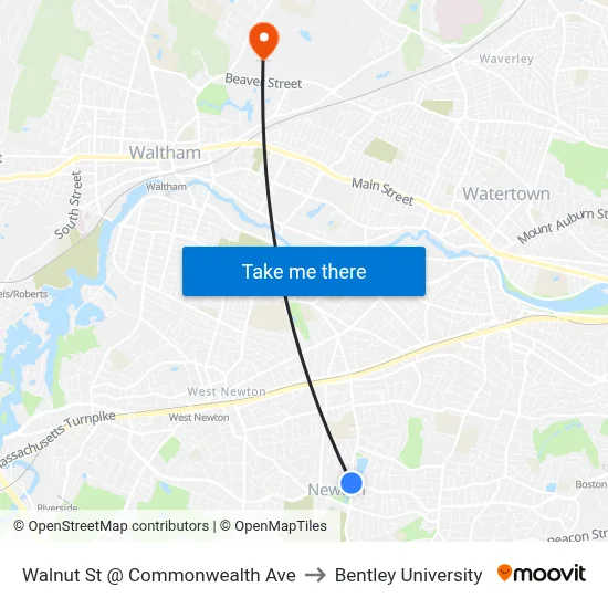 Walnut St @ Commonwealth Ave to Bentley University map
