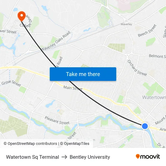 Watertown Sq Terminal to Bentley University map