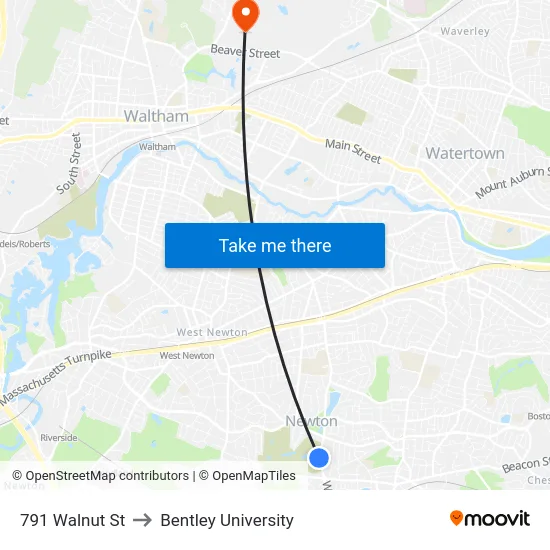 791 Walnut St to Bentley University map