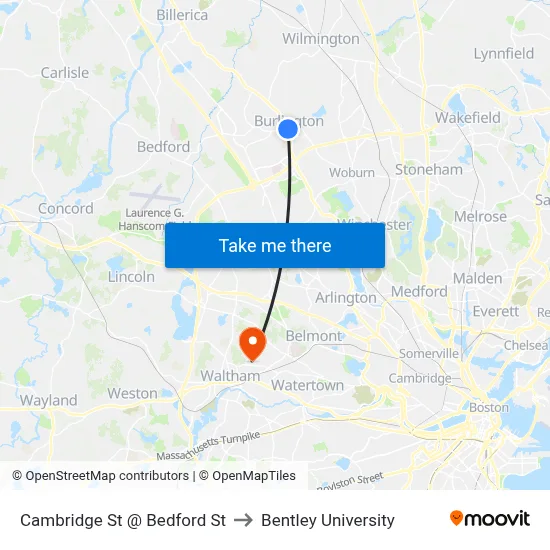Cambridge St @ Bedford St to Bentley University map