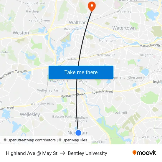 Highland Ave @ May St to Bentley University map