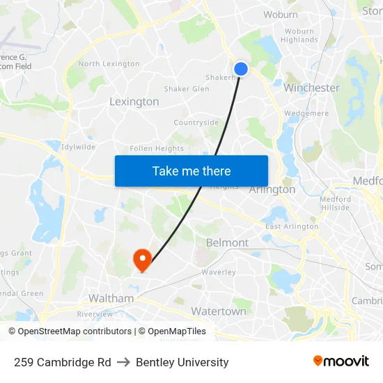 259 Cambridge Rd to Bentley University map