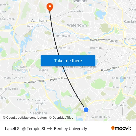 Lasell St @ Temple St to Bentley University map