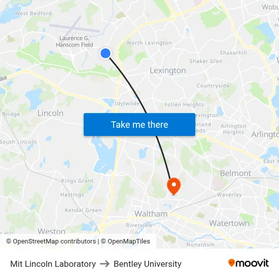 Mit Lincoln Laboratory to Bentley University map