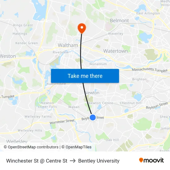 Winchester St @ Centre St to Bentley University map
