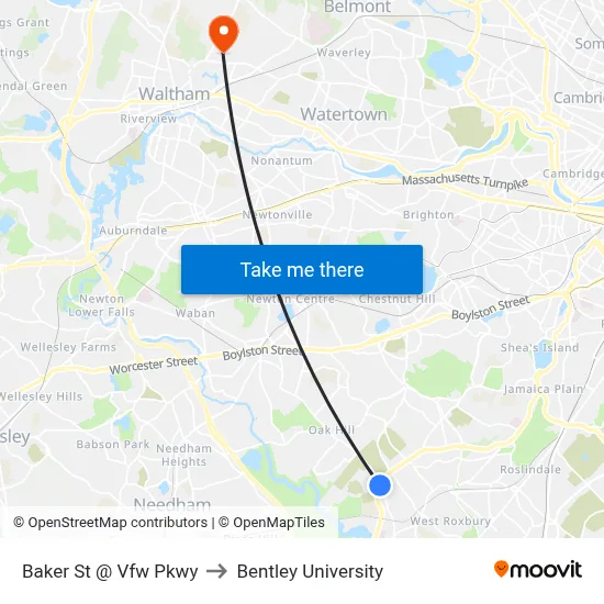 Baker St @ Vfw Pkwy to Bentley University map