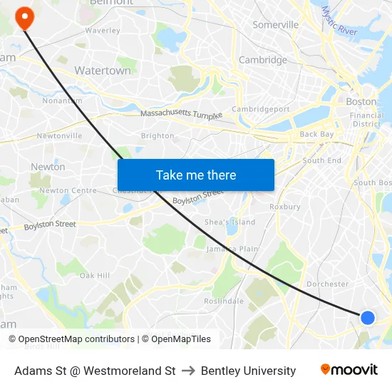 Adams St @ Westmoreland St to Bentley University map