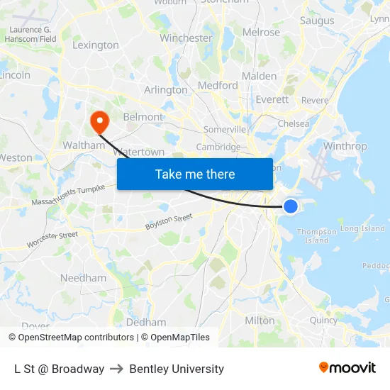 L St @ Broadway to Bentley University map