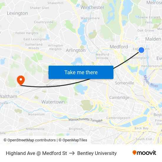 Highland Ave @ Medford St to Bentley University map