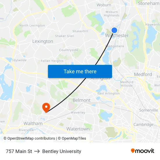757 Main St to Bentley University map
