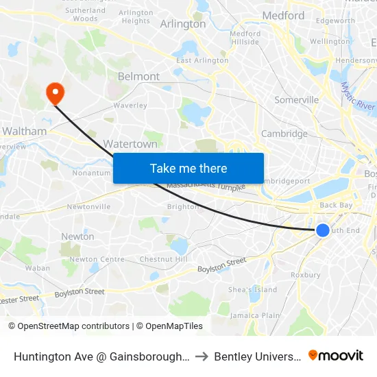 Huntington Ave @ Gainsborough St to Bentley University map