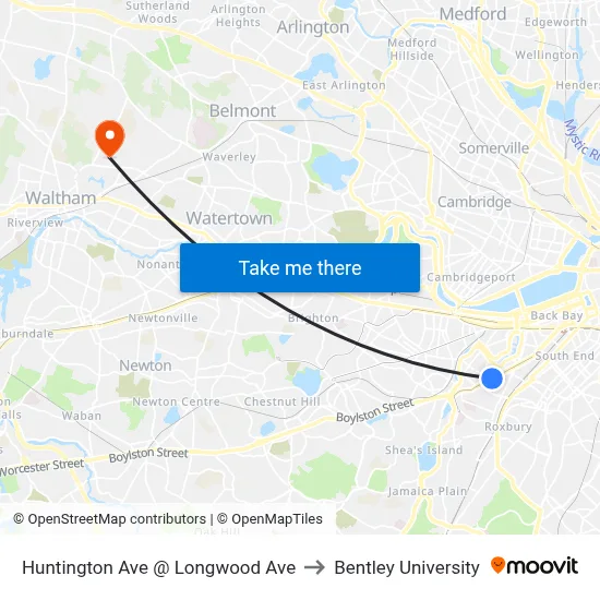Huntington Ave @ Longwood Ave to Bentley University map