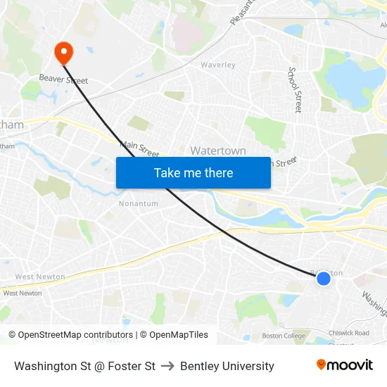 Washington St @ Foster St to Bentley University map