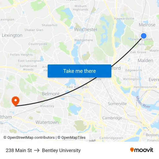 238 Main St to Bentley University map