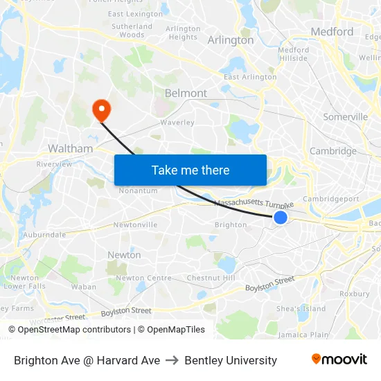 Brighton Ave @ Harvard Ave to Bentley University map