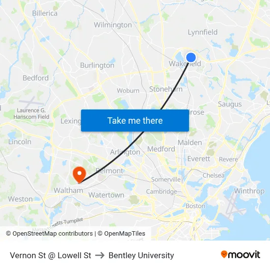 Vernon St @ Lowell St to Bentley University map