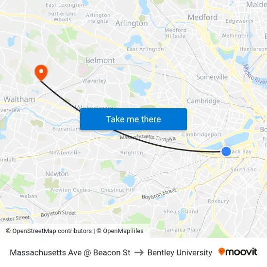 Massachusetts Ave @ Beacon St to Bentley University map