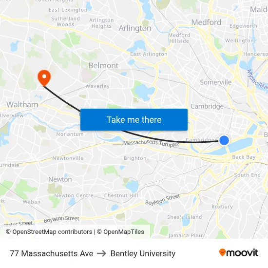 77 Massachusetts Ave to Bentley University map