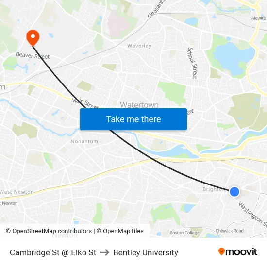 Cambridge St @ Elko St to Bentley University map