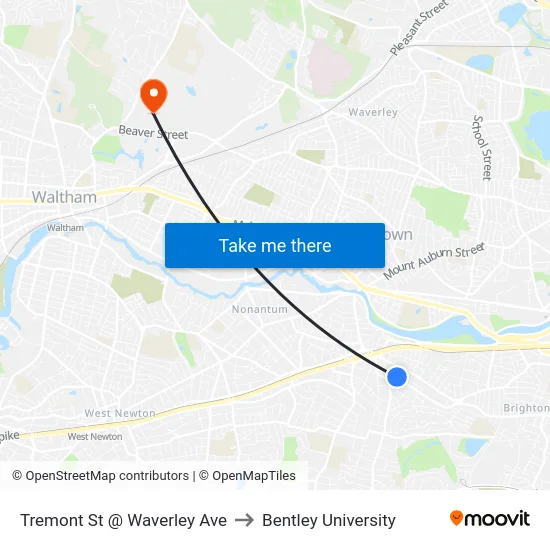 Tremont St @ Waverley Ave to Bentley University map