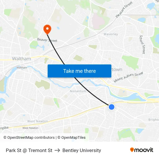 Park St @ Tremont St to Bentley University map