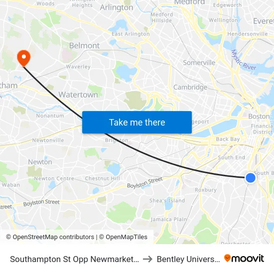 Southampton St Opp Newmarket Sq to Bentley University map