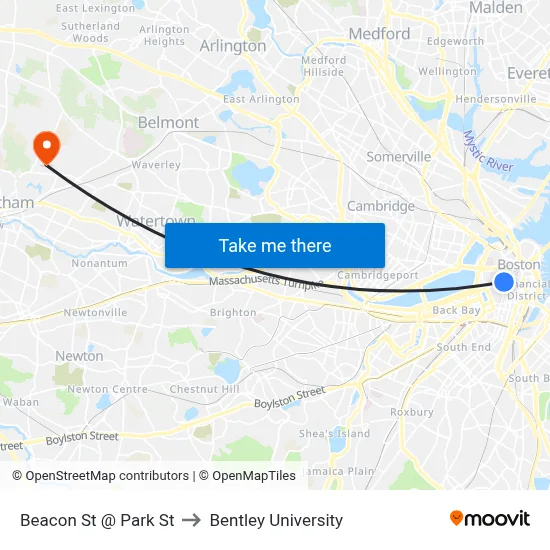 Beacon St @ Park St to Bentley University map