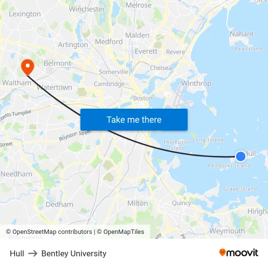 Hull to Bentley University map