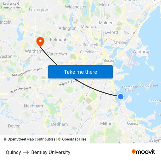 Quincy to Bentley University map