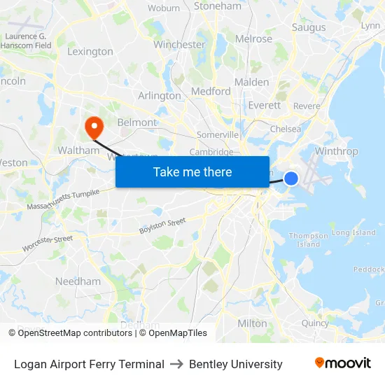 Logan Airport Ferry Terminal to Bentley University map