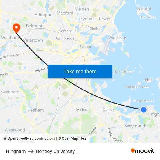 Hingham to Bentley University map
