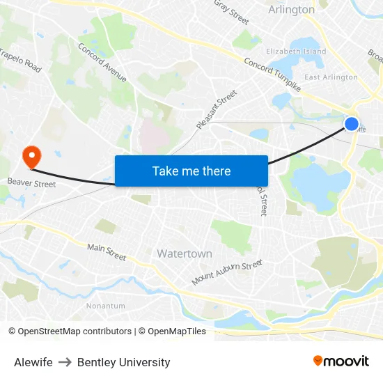 Alewife to Bentley University map