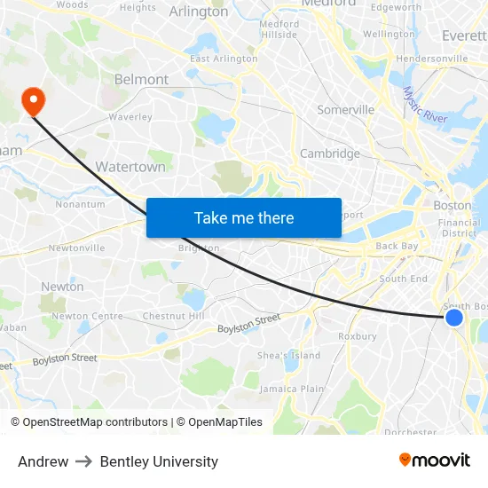 Andrew to Bentley University map