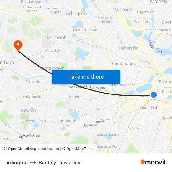 Arlington to Bentley University map