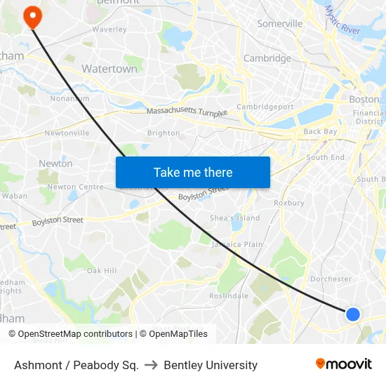 Ashmont / Peabody Sq. to Bentley University map