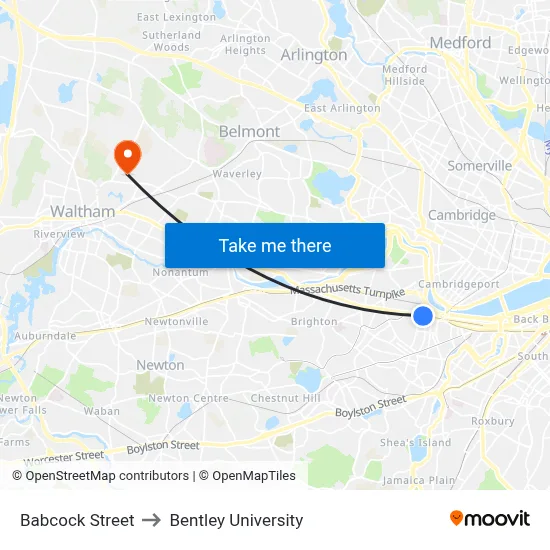 Babcock Street to Bentley University map
