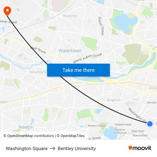 Washington Square to Bentley University map