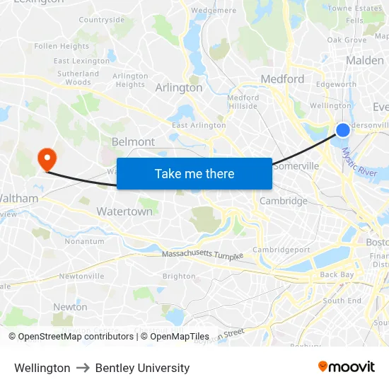 Wellington to Bentley University map
