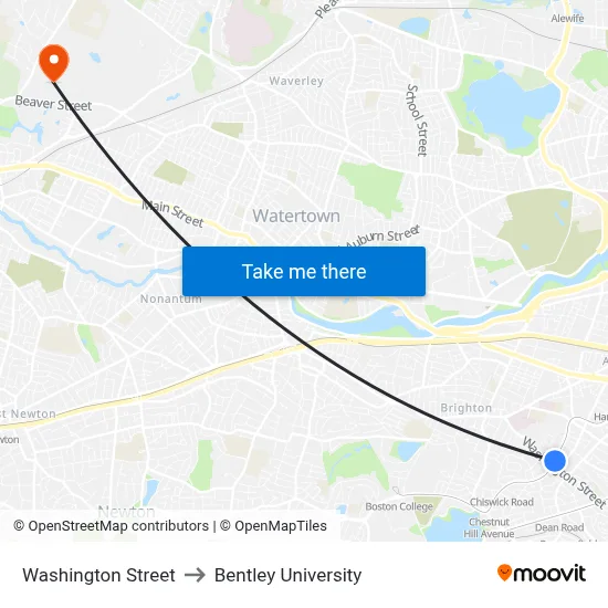 Washington Street to Bentley University map