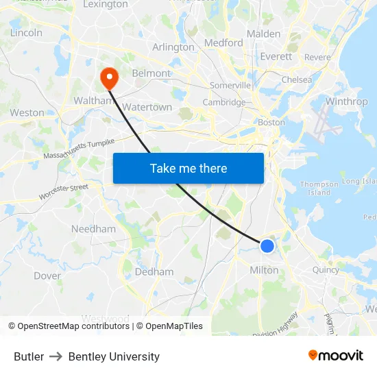 Butler to Bentley University map