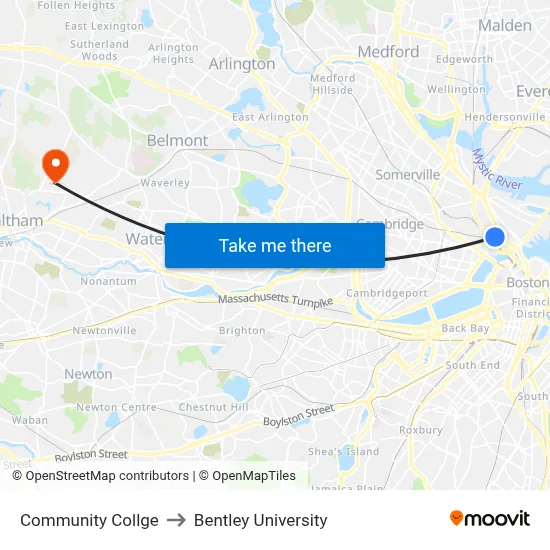 Community Collge to Bentley University map