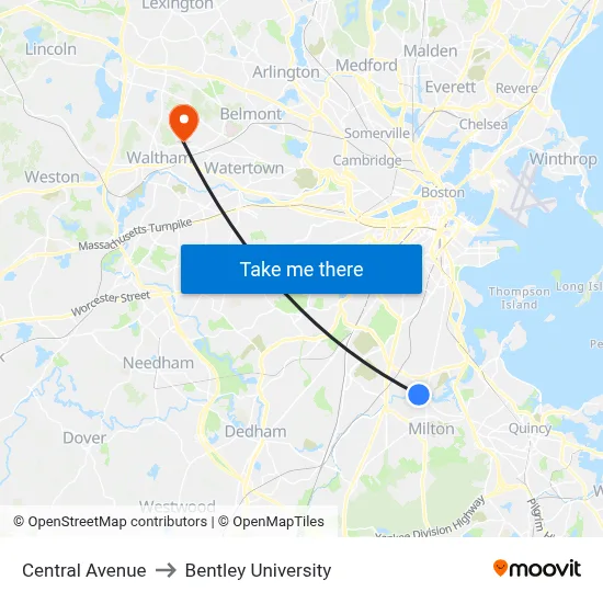 Central Avenue to Bentley University map