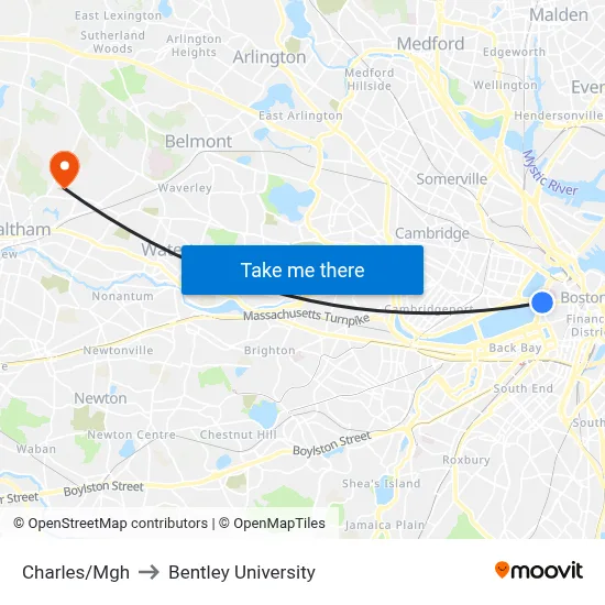 Charles/Mgh to Bentley University map