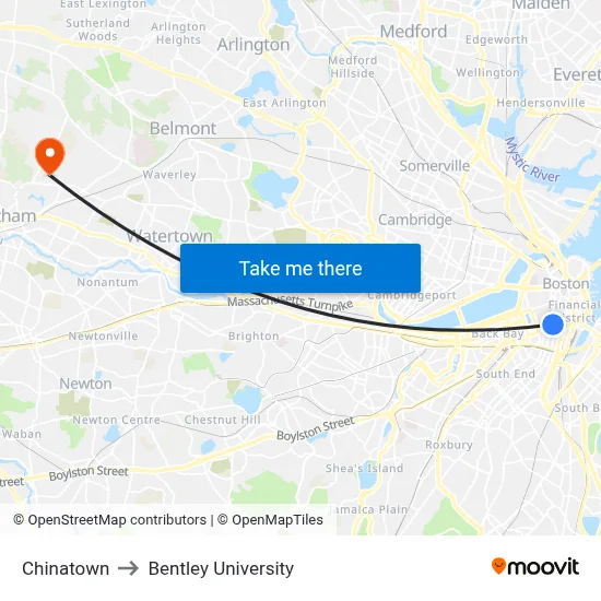 Chinatown to Bentley University map