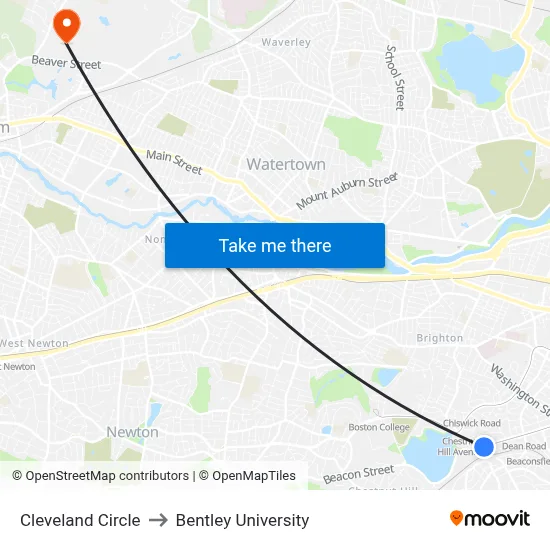 Cleveland Circle to Bentley University map