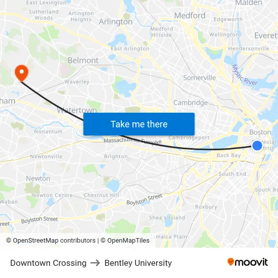 Downtown Crossing to Bentley University map