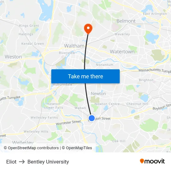Eliot to Bentley University map