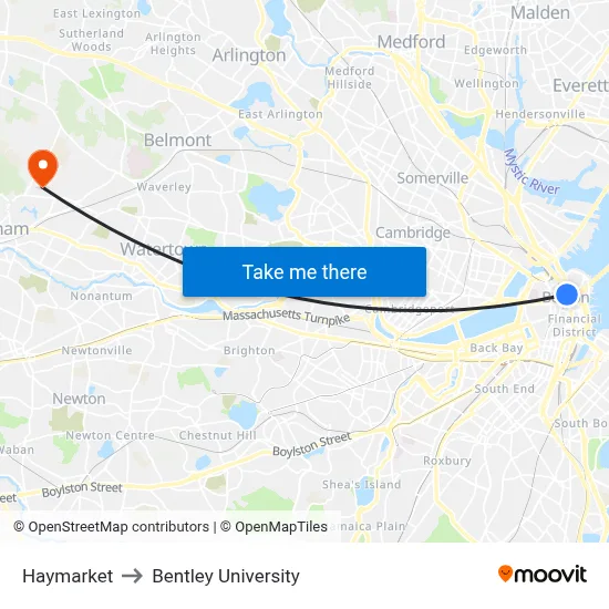 Haymarket to Bentley University map