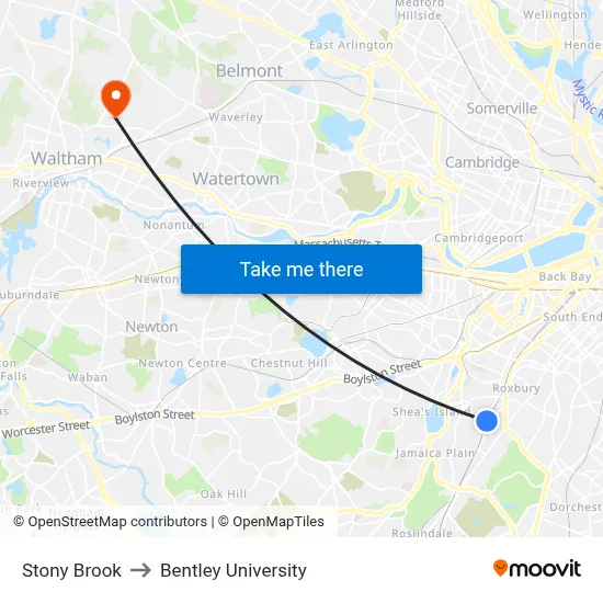 Stony Brook to Bentley University map